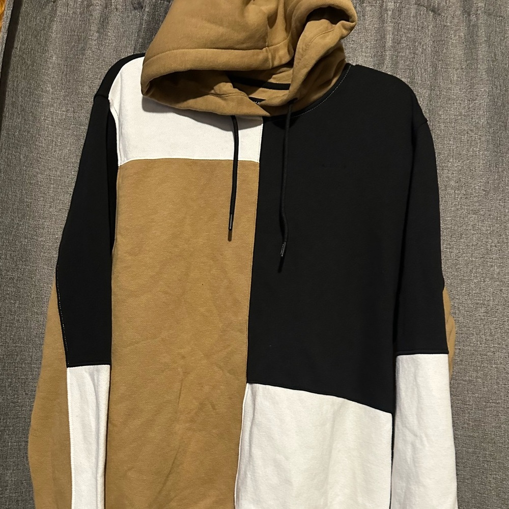Tahari Men's Hoodie - Black, White, and Tan Color block street Chic-Large